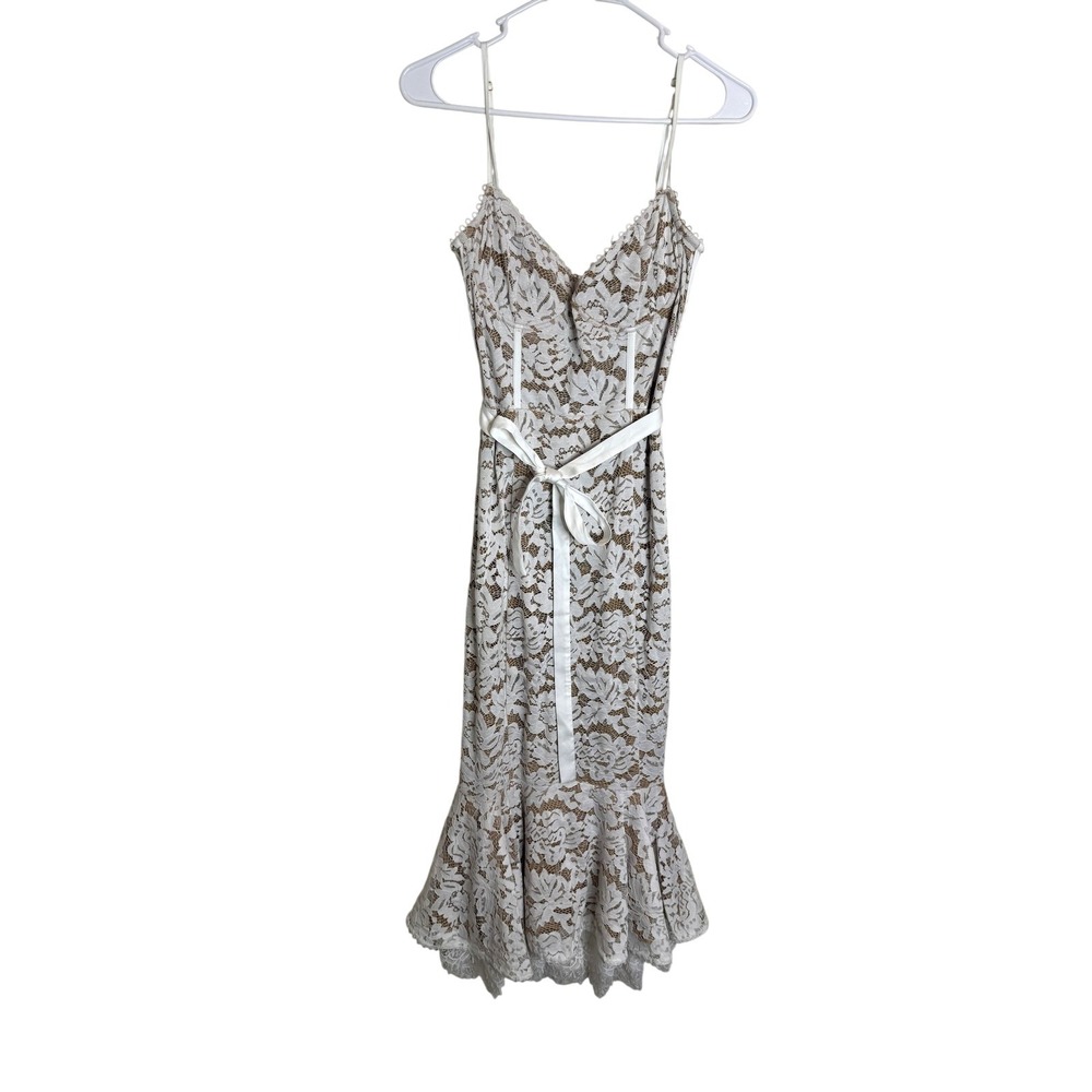 V Chapman Dress Womens 6 White Lace Floral Mermaid Midi Spaghetti Strap Tie Back